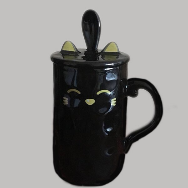 Кружка Милая кошка с крышкой и ложкой (Черная) - 0